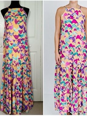 Sleeveless Yellow Geometric Maxi Dress with Pink & Aqua Accents